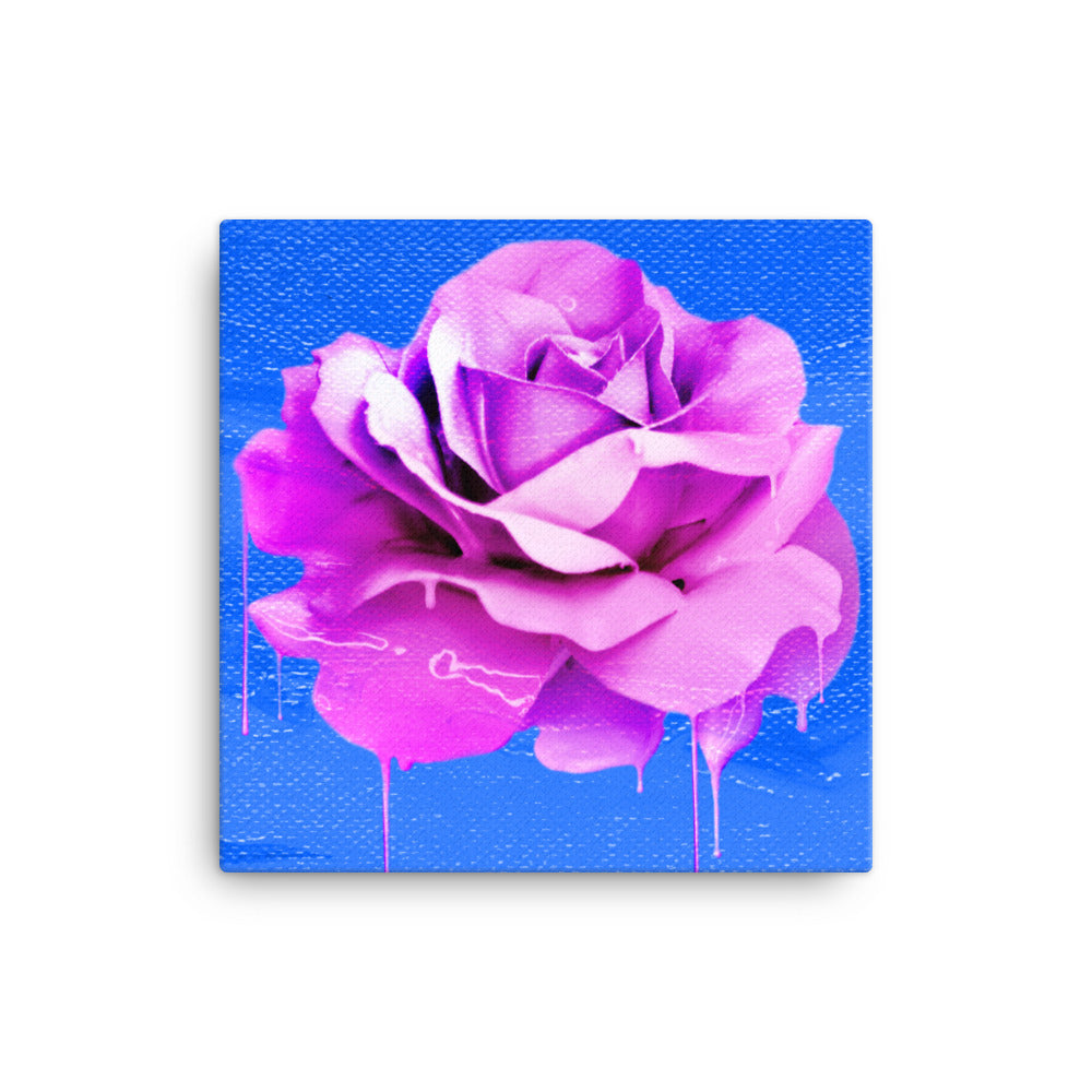 Beautifully Crushed Petals is a canvas wall art with a beautiful pink melting rose covering the majority of the image against a sky blue canvas textured background.