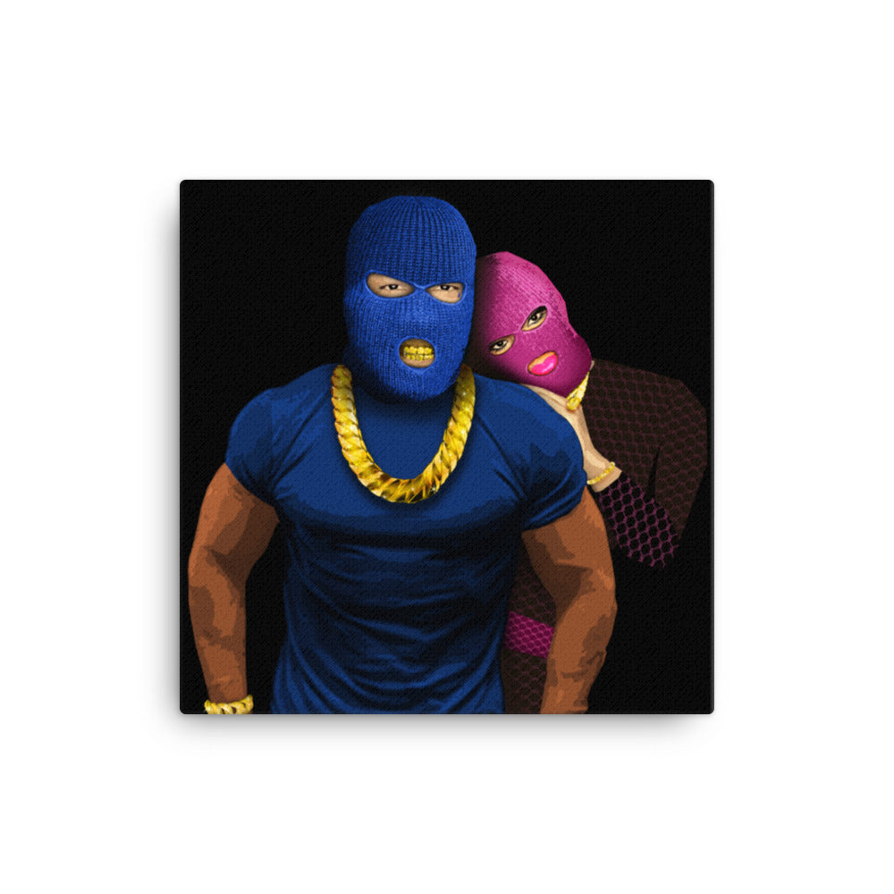 12" by 12" Canvas. A muscley chest man in a blue t-shirt and balaclava wearing a big gold chain and bracelet showing his brown arms. A beautiful woman wearing pink balaclava and designer clothes lays her head on his shoulder finger rings and necklace sparkling, against a black background. This canvas is called My Skengman, it represents unconditional love.