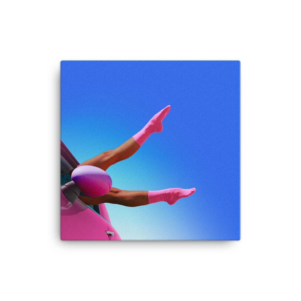 Two brown legs in pink socks pointing out of a pink Mini car window for a song called Wrong and Right.