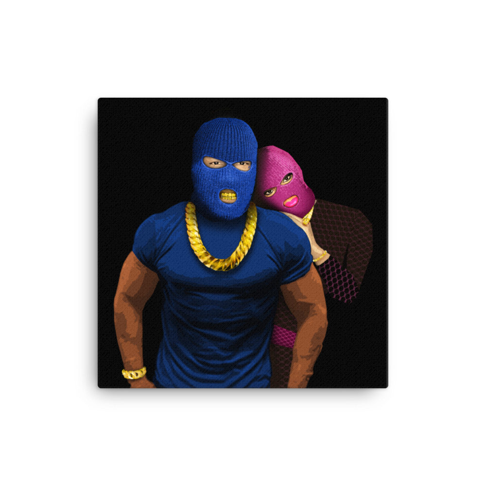 16" by 16" Canvas. A muscley chest man in a blue t-shirt and balaclava wearing a big gold chain and bracelet showing his brown arms. A beautiful woman wearing pink balaclava and designer clothes lays her head on his shoulder finger rings and necklace sparkling, against a black background. This canvas is called My Skengman, it represents unconditional love.
