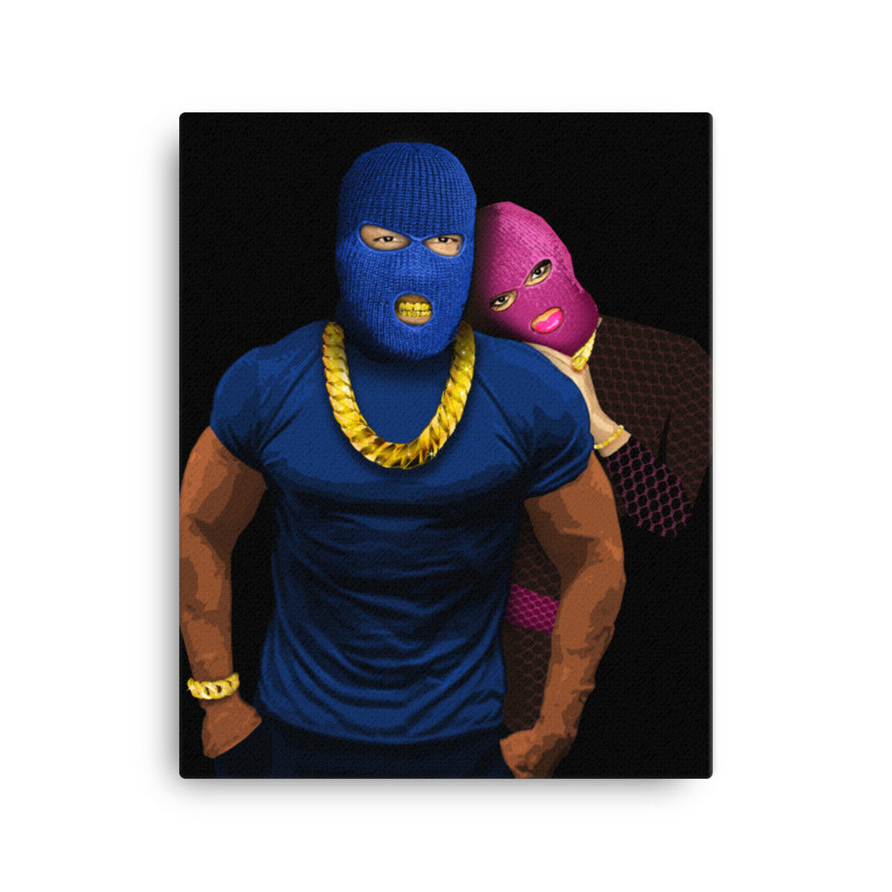 16" by 20" Canvas. A muscley chest man in a blue t-shirt and balaclava wearing a big gold chain and bracelet showing his brown arms. A beautiful woman wearing pink balaclava and designer clothes lays her head on his shoulder finger rings and necklace sparkling, against a black background. This canvas is called My Skengman, it represents unconditional love.