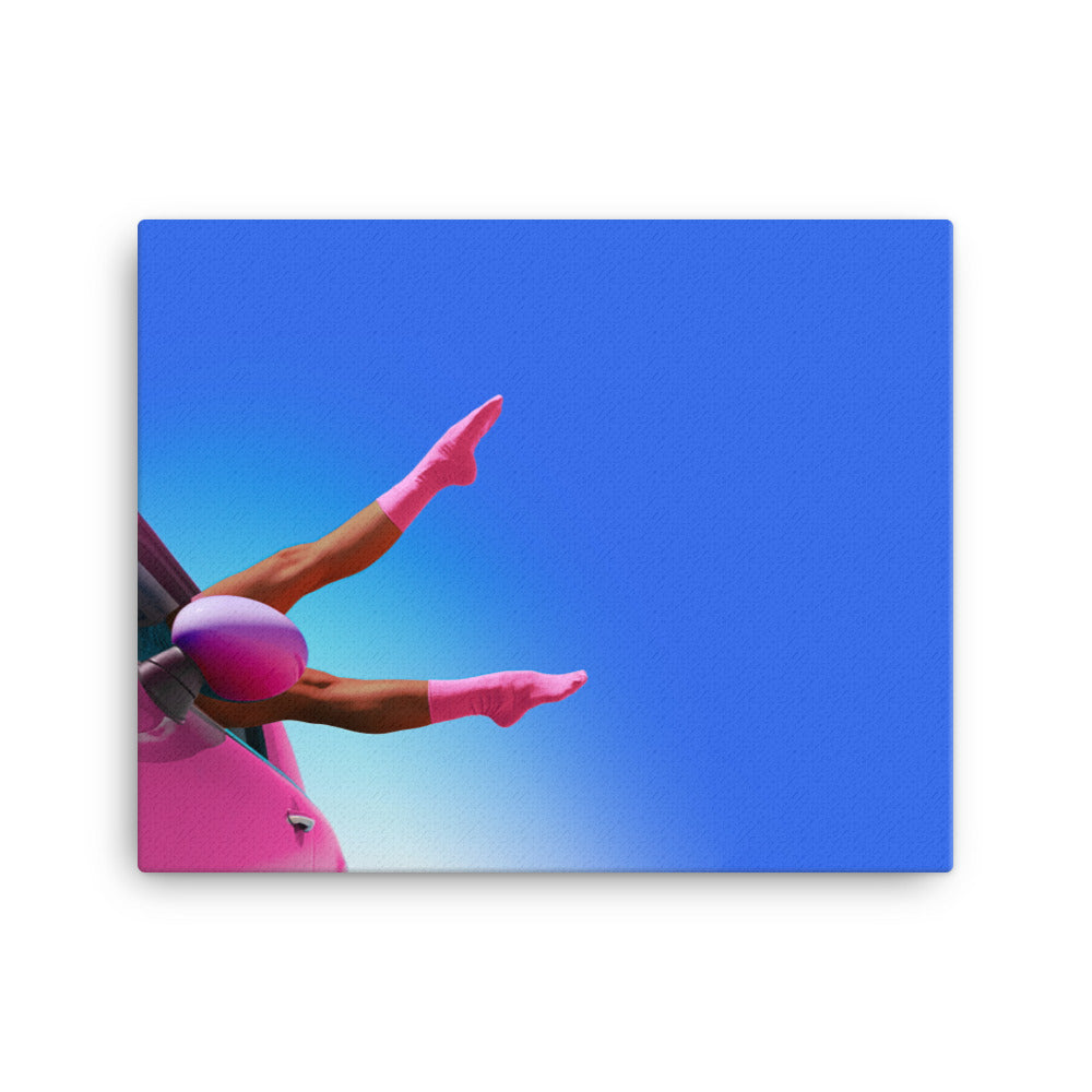 Two brown legs in pink socks pointing out of a pink Mini car window for a song called Wrong and Right.