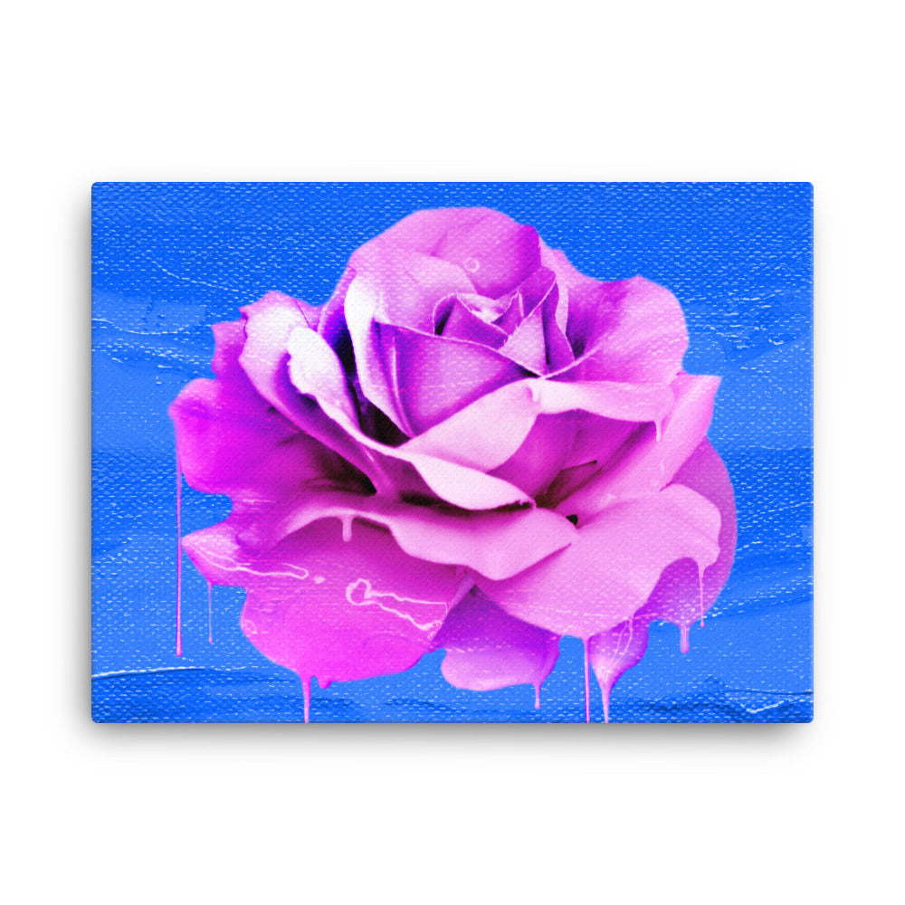 Beautifully Crushed Petals is a canvas wall art with a beautiful pink melting rose covering the majority of the image against a sky blue canvas textured background.