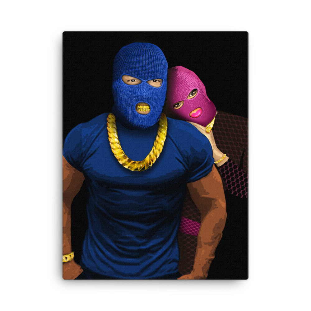 18" by 24" Canvas. A muscley chest man in a blue t-shirt and balaclava wearing a big gold chain and bracelet showing his brown arms. A beautiful woman wearing pink balaclava and designer clothes lays her head on his shoulder finger rings and necklace sparkling, against a black background. This canvas is called My Skengman, it represents unconditional love.