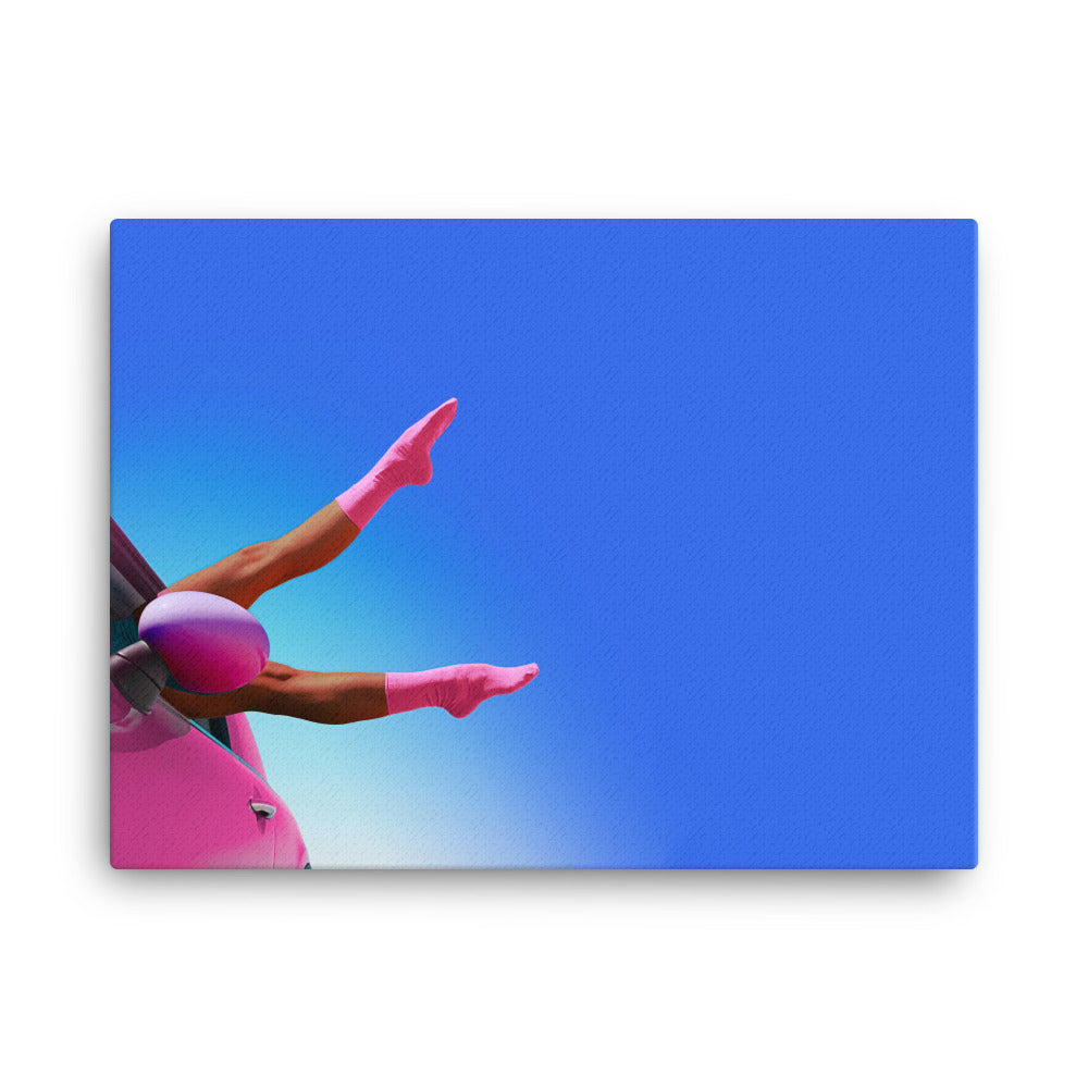 Two brown legs in pink socks pointing out of a pink Mini car window for a song called Wrong and Right.