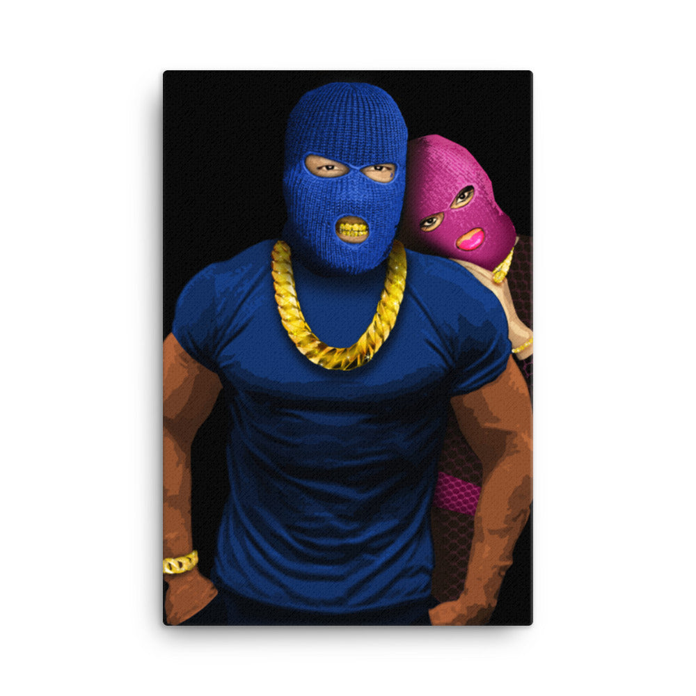 18" by 24" Canvas. A muscley chest man in a blue t-shirt and balaclava wearing a big gold chain and bracelet showing his brown arms. A beautiful woman wearing pink balaclava and designer clothes lays her head on his shoulder finger rings and necklace sparkling, against a black background. This canvas is called My Skengman, it represents unconditional love.