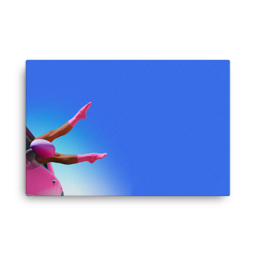 Two brown legs in pink socks pointing out of a pink Mini car window for a song called Wrong and Right.